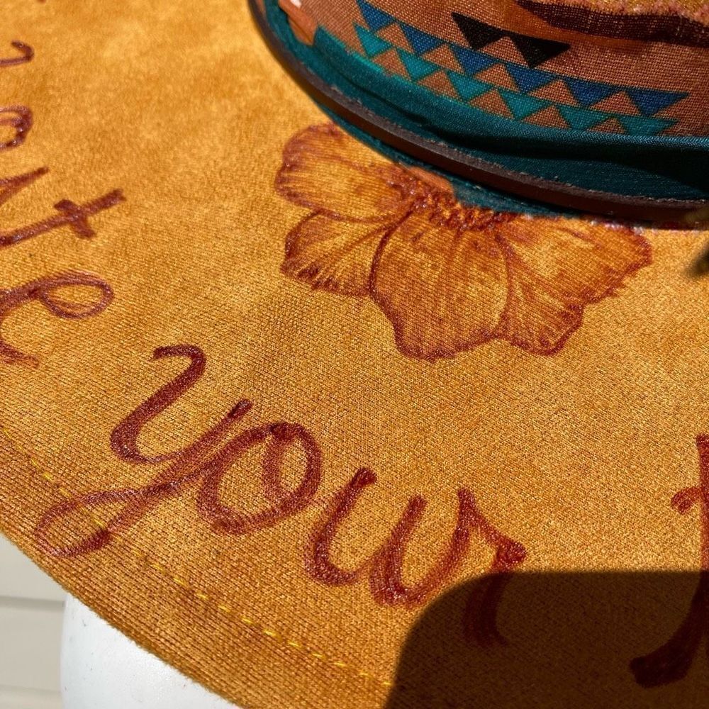 Hand Burned Hat | Wide Brim Hat | Branded Hat | wildflowers faux suede hat | Don - Picture 2 of 9